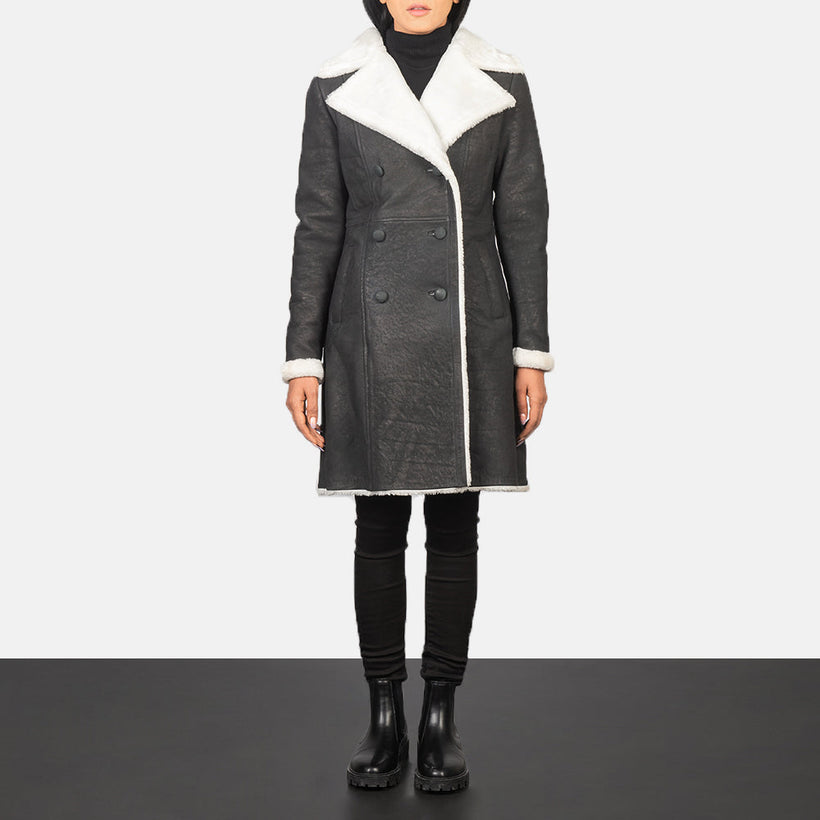 Amie Czarna Double-Breasted Shearling Skórzany Płaszcz Damska