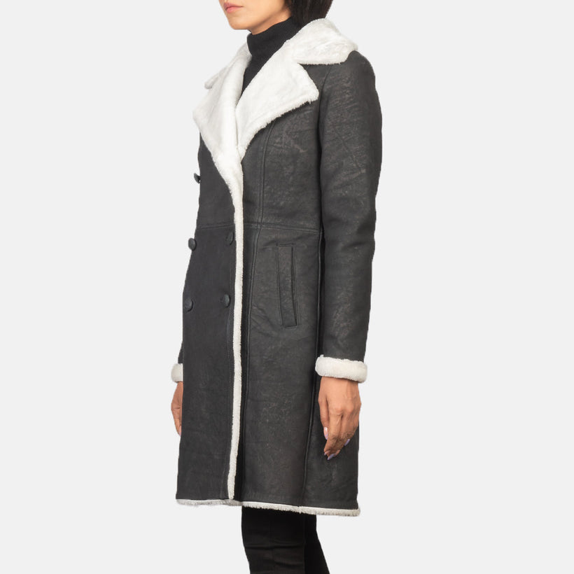 Amie Czarna Double-Breasted Shearling Skórzany Płaszcz Damska