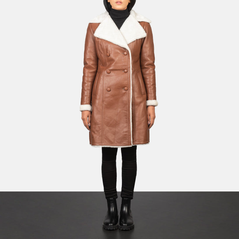 Amie Brązowa Double-Breasted Shearling Skórzany Płaszcz Damska