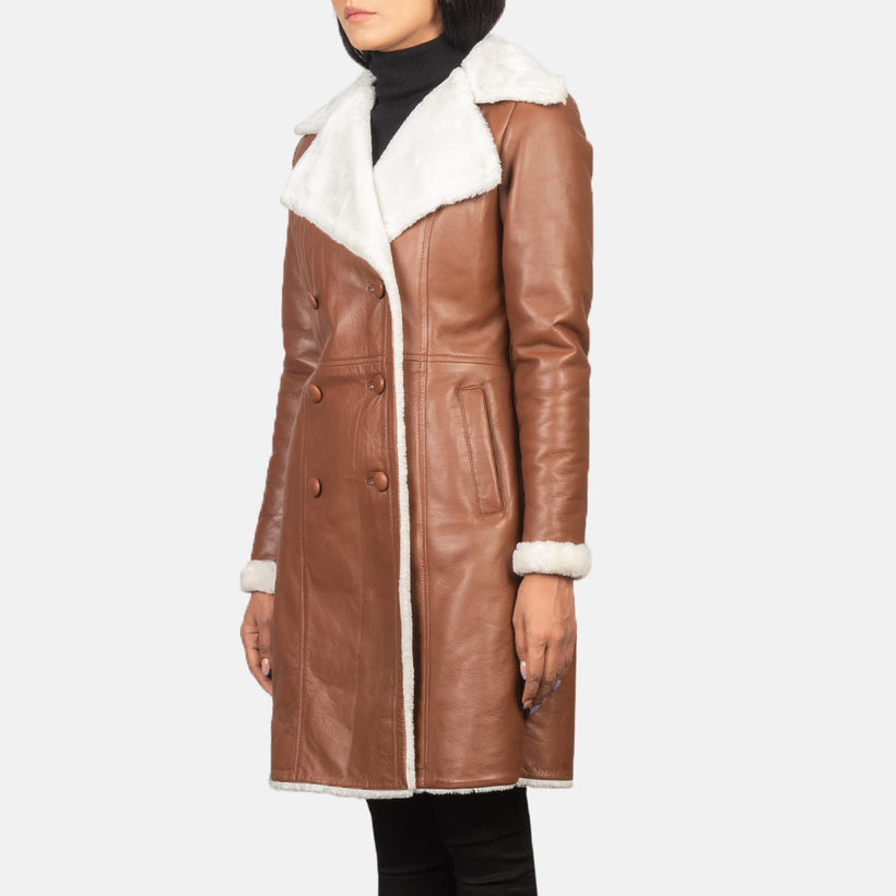 Amie Brązowa Double-Breasted Shearling Skórzany Płaszcz Damska