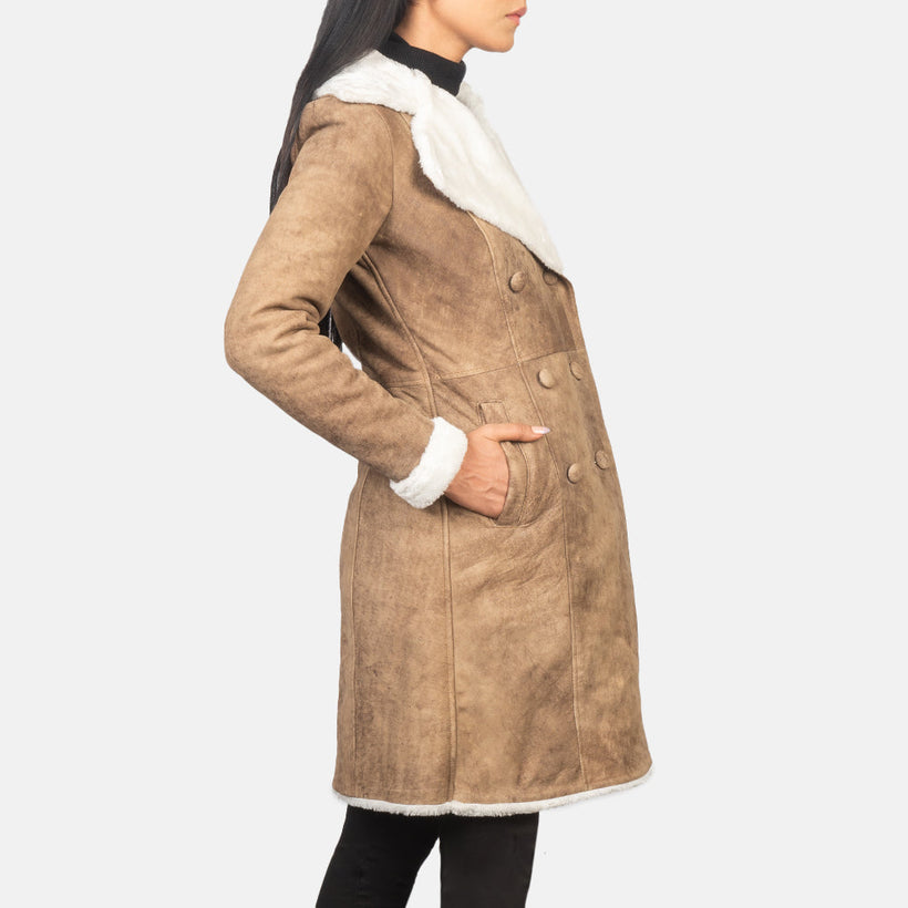 Amie Distressed Brązowy Double-Breasted Shearling Skórzany Płaszcz Damska