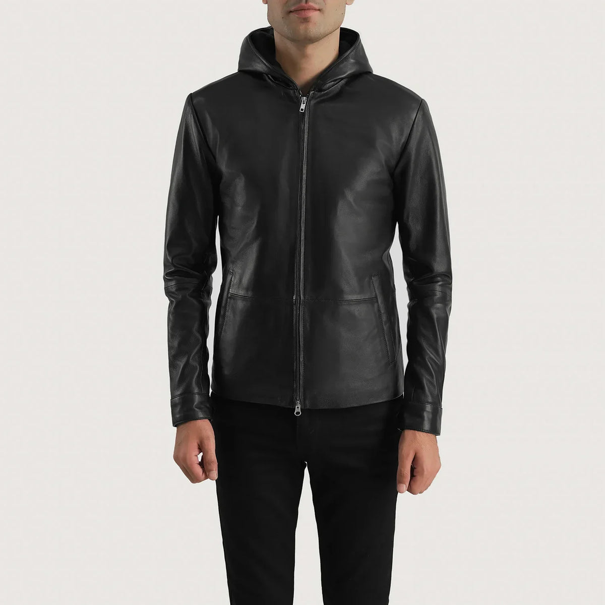 Men's Andy Matte Czarna Hooded Kurtka Skórzana Męska in Matte Black Sheepskin Leather - Front Profile View &amp; Tailored Silhouette | Buy Online
