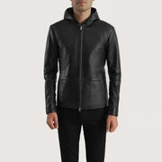 Men's Andy Matte Czarna Hooded Kurtka Skórzana Męska in Matte Black Sheepskin Leather - Front Profile View &amp; Tailored Silhouette | Buy Online