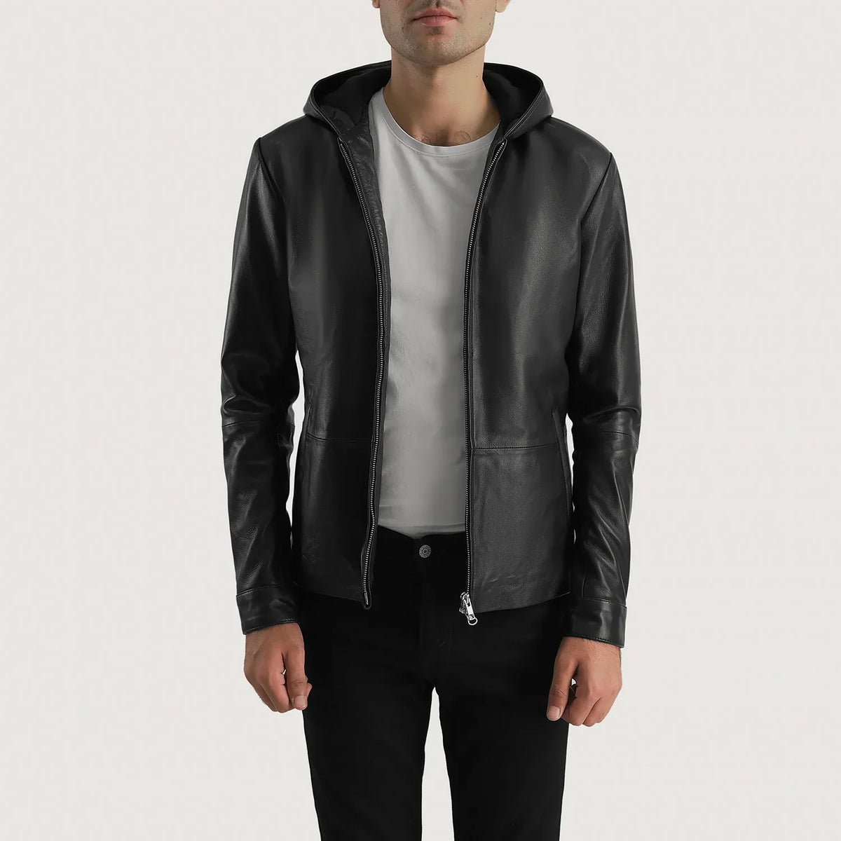 Men's Andy Matte Czarna Hooded Kurtka Skórzana Męska - Lateral Side Profile View Showing Sleeve Cut &amp; Athletic Taper Fit