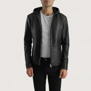 Men's Andy Matte Czarna Hooded Kurtka Skórzana Męska - Lateral Side Profile View Showing Sleeve Cut &amp; Athletic Taper Fit