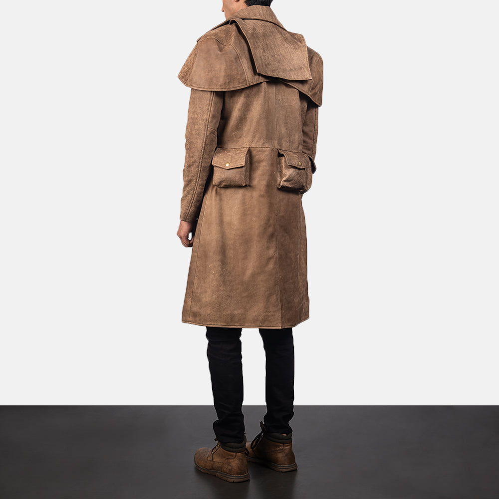 Men's Army Brązowa Leather Duster Męska - Lateral Side Profile View Showing Sleeve Cut &amp; Athletic Taper Fit