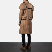 Men's Army Brązowa Leather Duster Męska - Lateral Side Profile View Showing Sleeve Cut &amp; Athletic Taper Fit