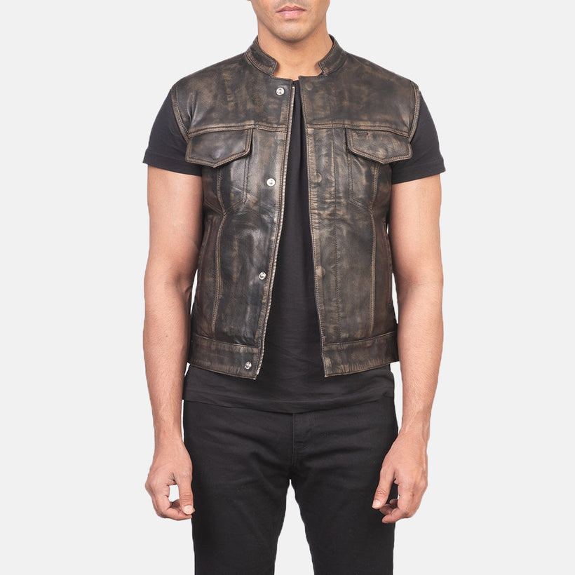 Atlas Moto Distressed Brązowy Skórzana Kamizelka Męska