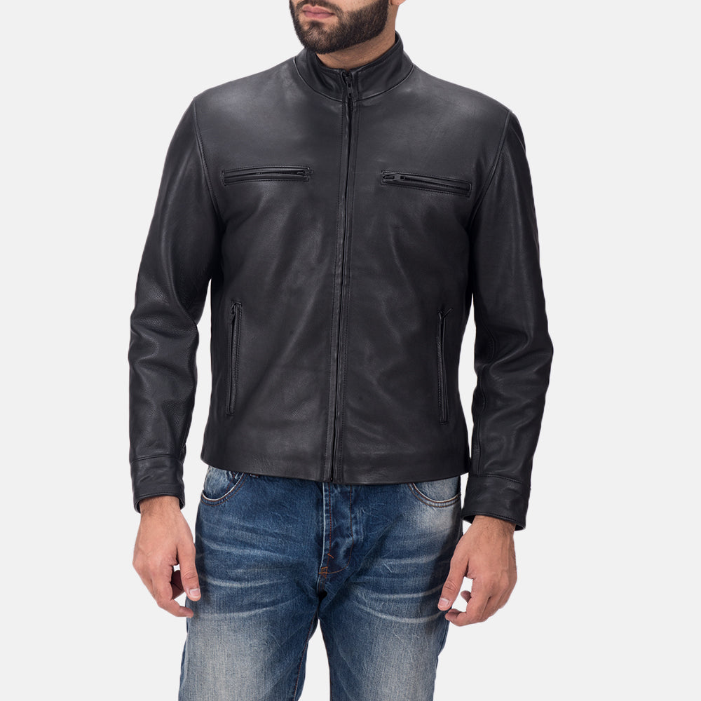 Austere Matte Czarna Skórzana Ramoneska Męska in Black Calfskin Matte - Front Profile View &amp; Tailored Silhouette | Buy Online