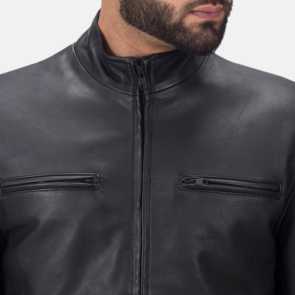 Close-Up Detail of High neck &amp; Zipper Hardware on Austere Matte Czarna Skórzana Ramoneska Męska