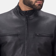 Close-Up Detail of High neck &amp; Zipper Hardware on Austere Matte Czarna Skórzana Ramoneska Męska