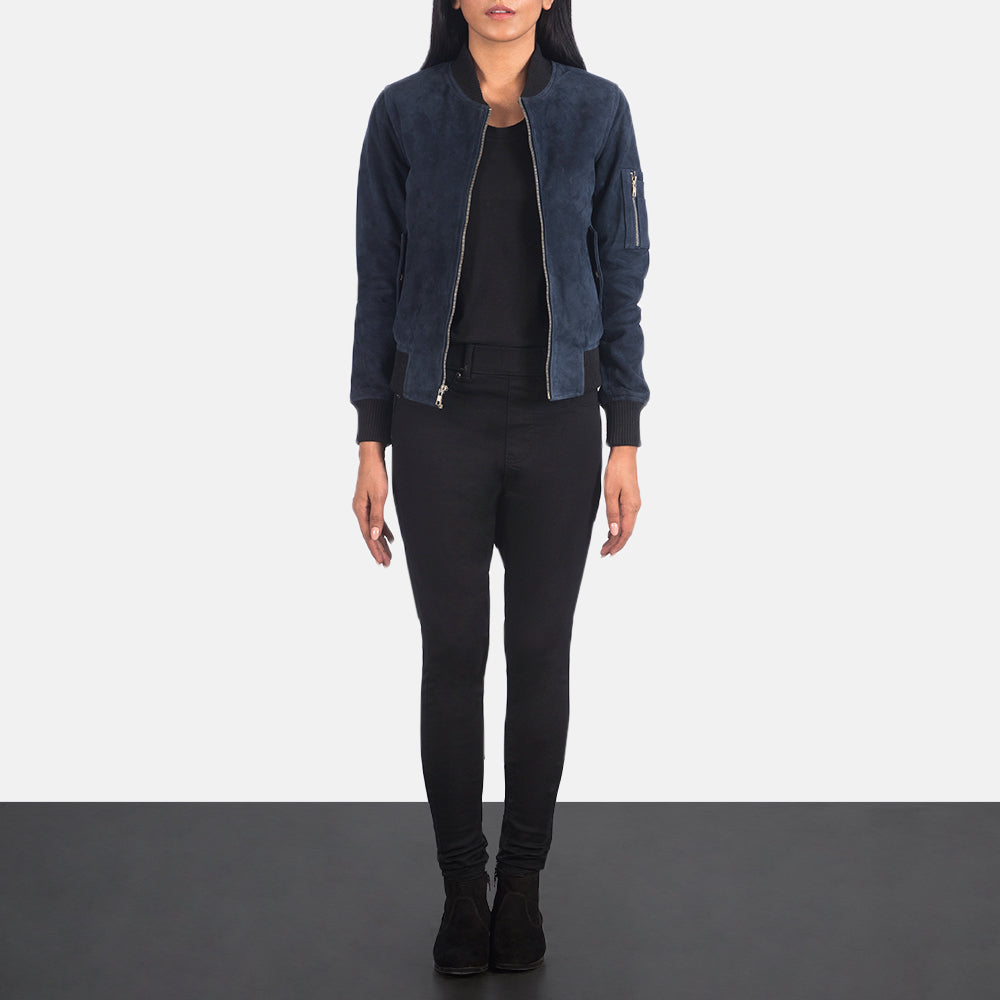 Women's Ava Ma-1 Blue Suede Bomber Jacket - Lateral Side Profile View Showing Sleeve Cut & Athletic Taper Fit
