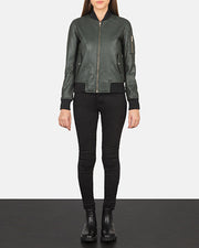 Ava Ma-1 Green Leather Bomber Jacket - Lateral Side Profile View Showing Sleeve Cut &amp; Athletic Taper Fit