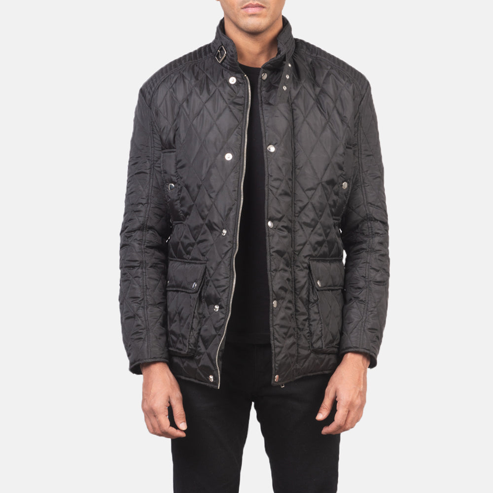 Men's Barry Quilted Czarna Windbreaker Kurtka Skórzana Męska in Black Polyester - Front Profile View &amp; Tailored Silhouette | Buy Online
