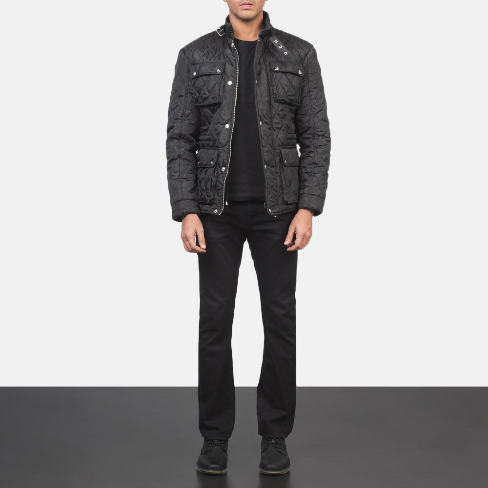Men's Barry Quilted Czarna Windbreaker Kurtka Skórzana Męska - Lateral Side Profile View Showing Sleeve Cut &amp; Athletic Taper Fit
