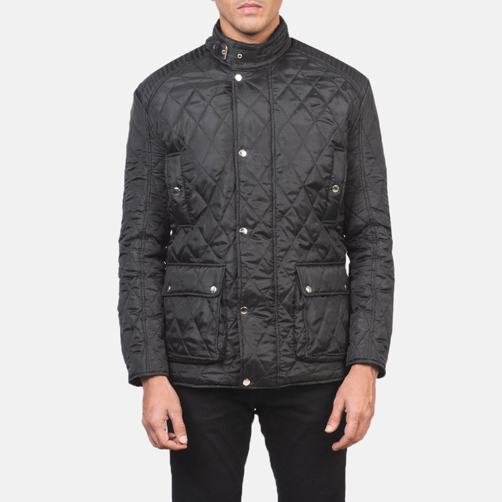 Close-Up Detail of Belted Band &amp; Button Hardware on Men's Barry Quilted Czarna Windbreaker Kurtka Skórzana Męska