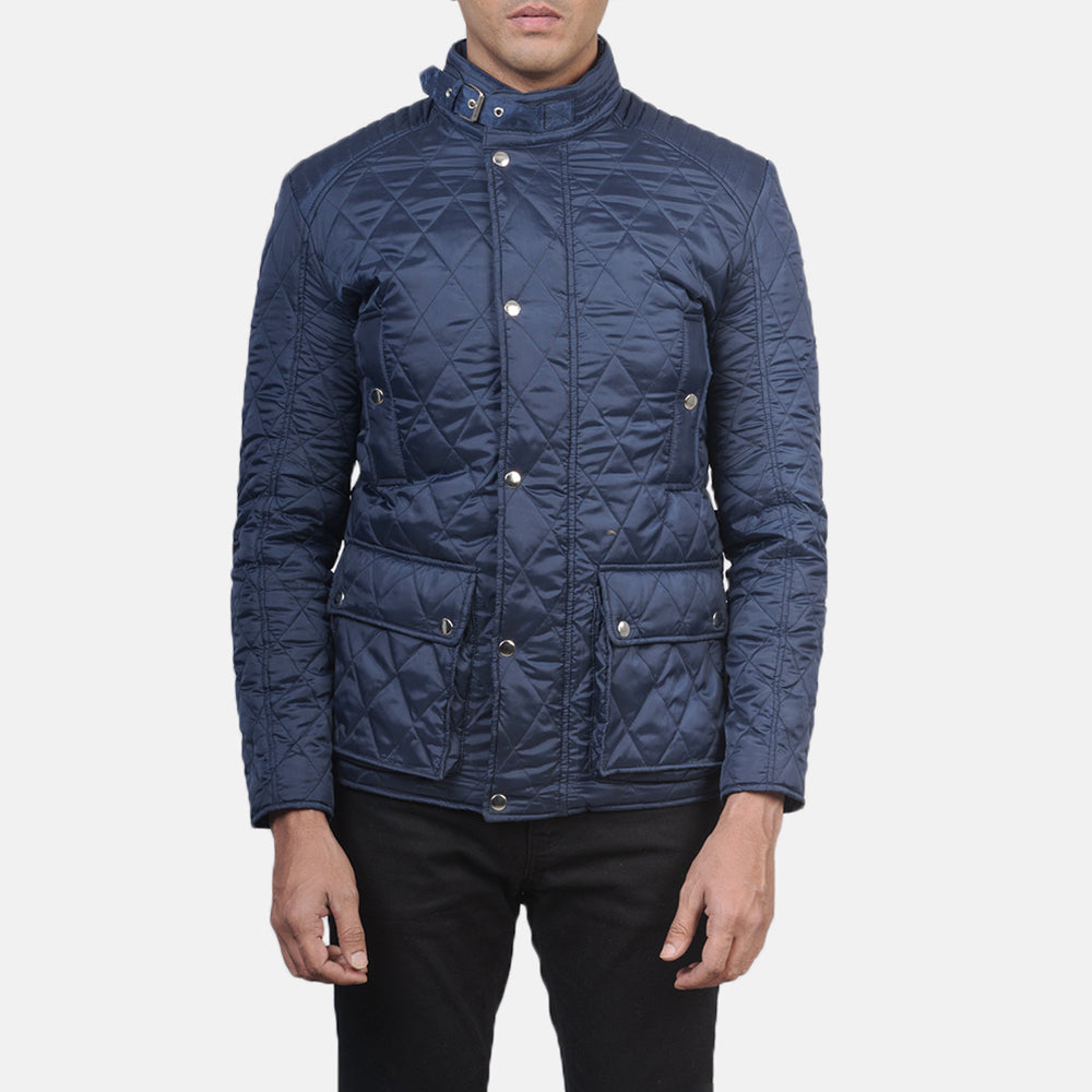 Men's Barry Quilted Blue Windbreaker Kurtka Skórzana Męska - Lateral Side Profile View Showing Sleeve Cut &amp; Athletic Taper Fit