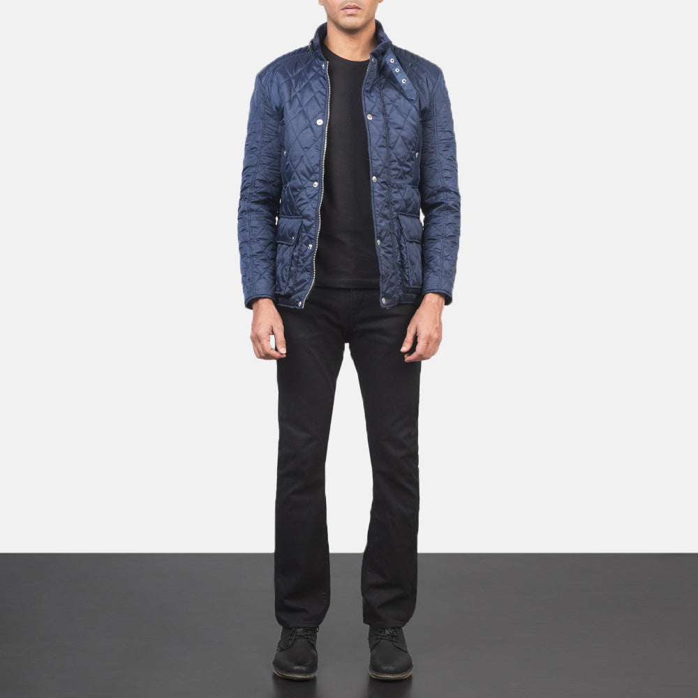 Close-Up Detail of Belted Band &amp; Button Hardware on Men's Barry Quilted Blue Windbreaker Kurtka Skórzana Męska