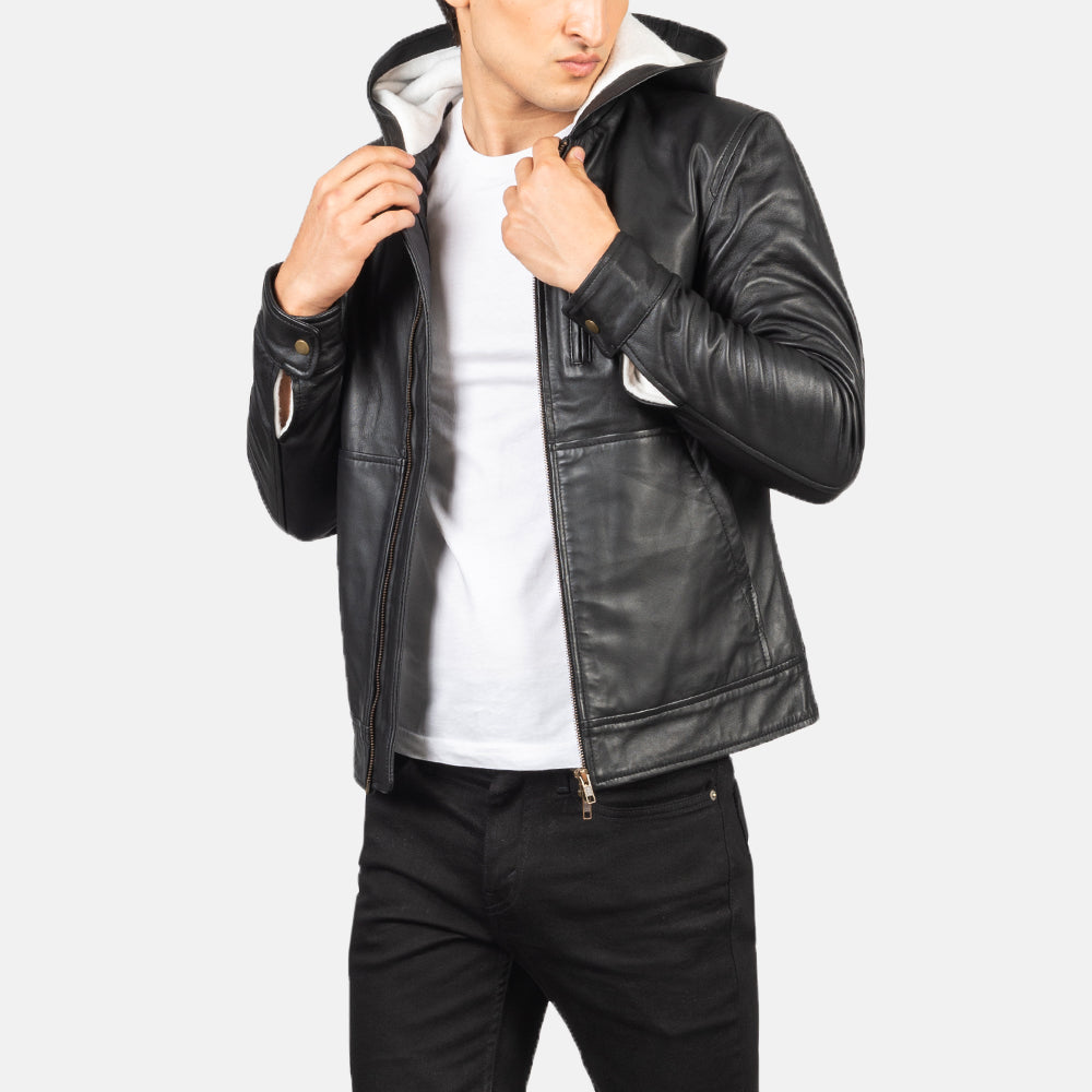 Men's Baston Black Hooded Leather Bomber Jacket in Black Sheepskin Leather - Front Profile View &amp; Tailored Silhouette | Buy Online