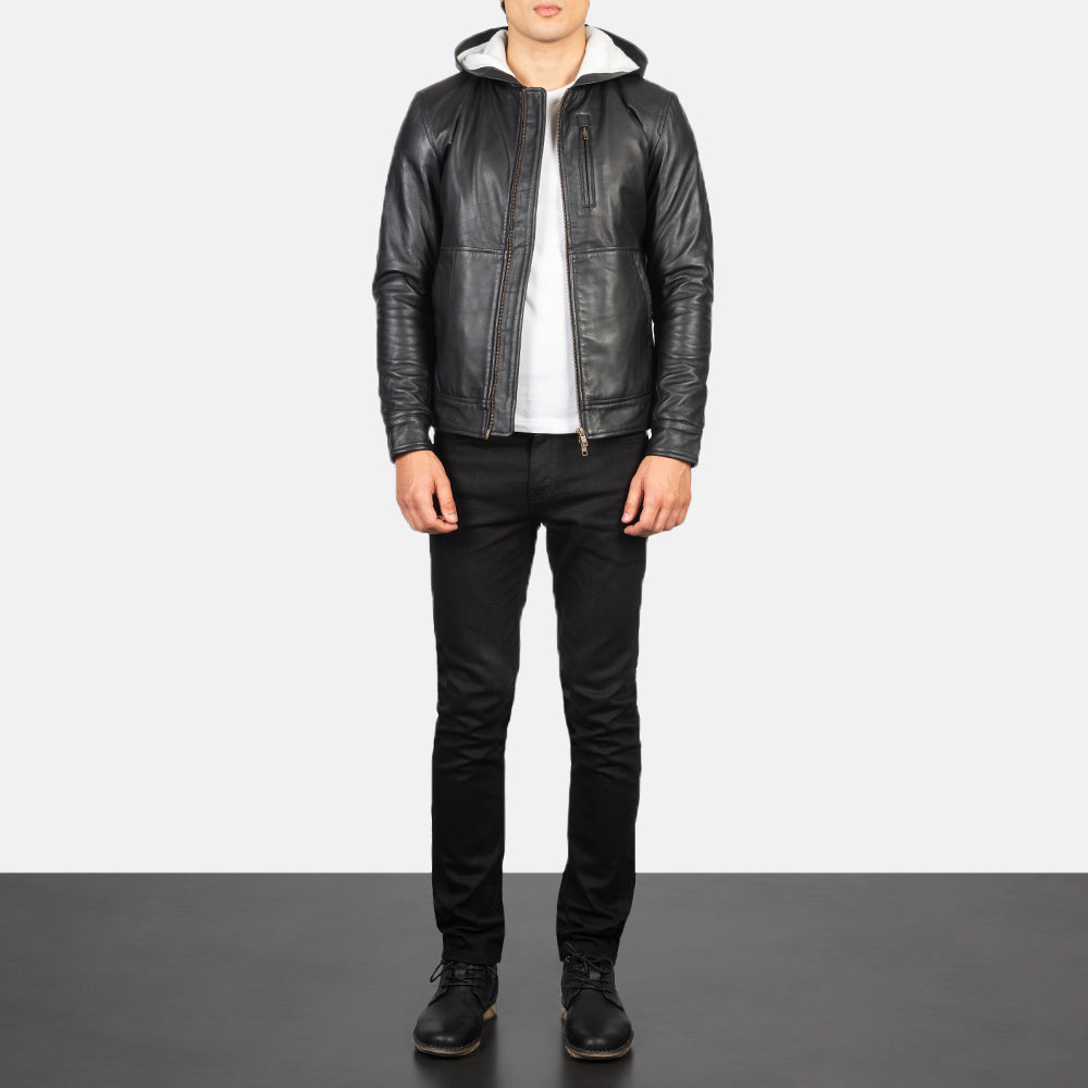 Men's Baston Black Hooded Leather Bomber Jacket - Lateral Side Profile View Showing Sleeve Cut &amp; Athletic Taper Fit