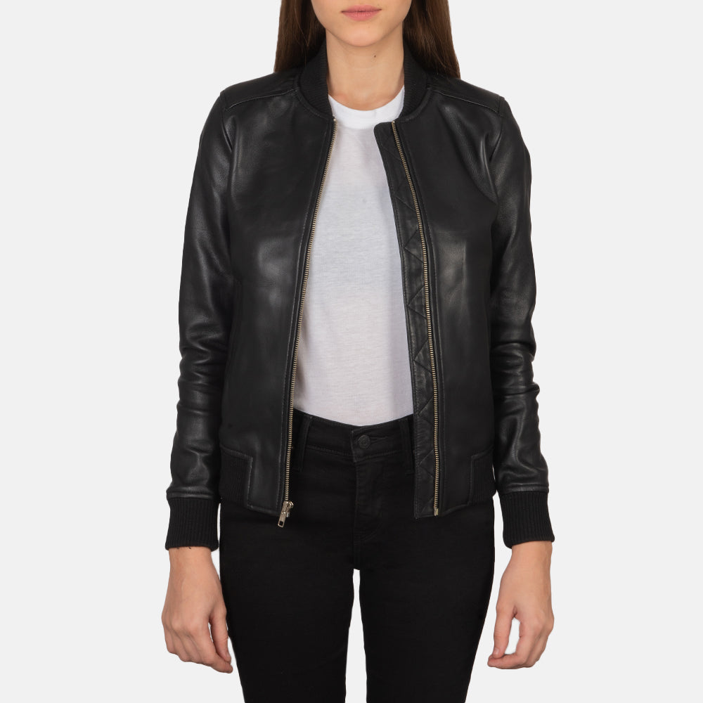 Women's Bliss Czarna Skórzana Kurtka Bomberka Damska in Black Sheepskin Leather - Front Profile View &amp; Tailored Silhouette | Buy Online
