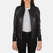 Women's Bliss Czarna Skórzana Kurtka Bomberka Damska in Black Sheepskin Leather - Front Profile View &amp; Tailored Silhouette | Buy Online