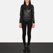 Women's Bliss Czarna Skórzana Kurtka Bomberka Damska - Lateral Side Profile View Showing Sleeve Cut &amp; Athletic Taper Fit