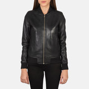 Close-Up Detail of Varsity - Rib Knit &amp; Zipper with Wind Flap Hardware on Women's Bliss Czarna Skórzana Kurtka Bomberka Damska