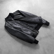 Styled Fit Perspective of Women's Bliss Czarna Skórzana Kurtka Bomberka Damska on Model - Natural Daylight Drape