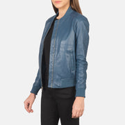 Blue Sheepskin Leather Bomber Jacket - Back View Showing Tailored Shoulder Fit &amp; Clean Hemline