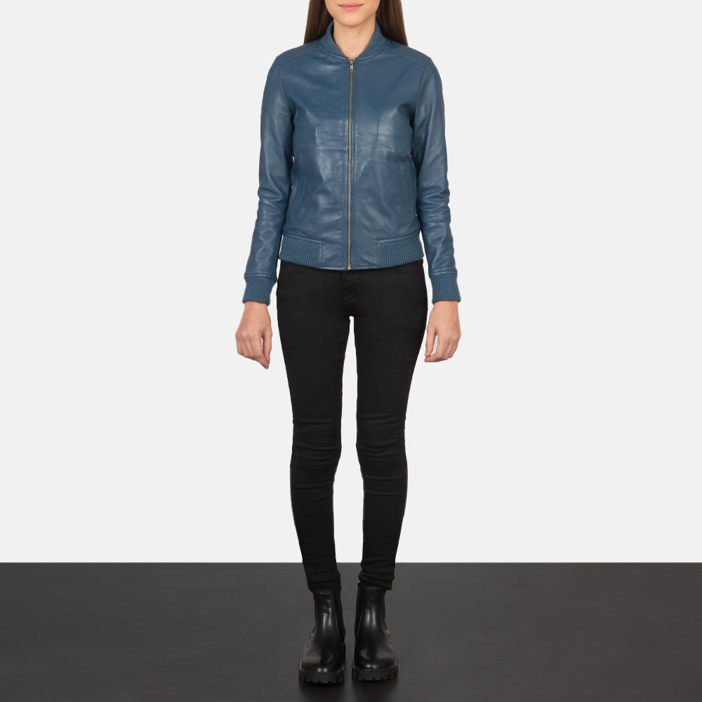 Women's Bliss Blue Skórzana Kurtka Bomberka Damska - Lateral Side Profile View Showing Sleeve Cut &amp; Athletic Taper Fit