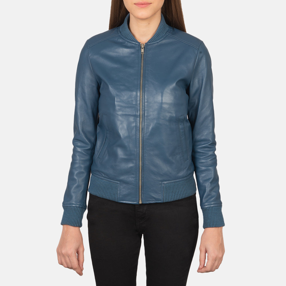 Close-Up Detail of Varsity - Rib Knit &amp; Zipper with Wind Flap Hardware on Women's Bliss Blue Skórzana Kurtka Bomberka Damska