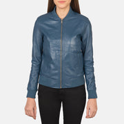 Close-Up Detail of Varsity - Rib Knit &amp; Zipper with Wind Flap Hardware on Women's Bliss Blue Skórzana Kurtka Bomberka Damska