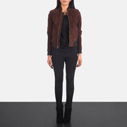Women's Bliss Brązowa Suede Skórzana Kurtka Bomberka Damska - Lateral Side Profile View Showing Sleeve Cut &amp; Athletic Taper Fit