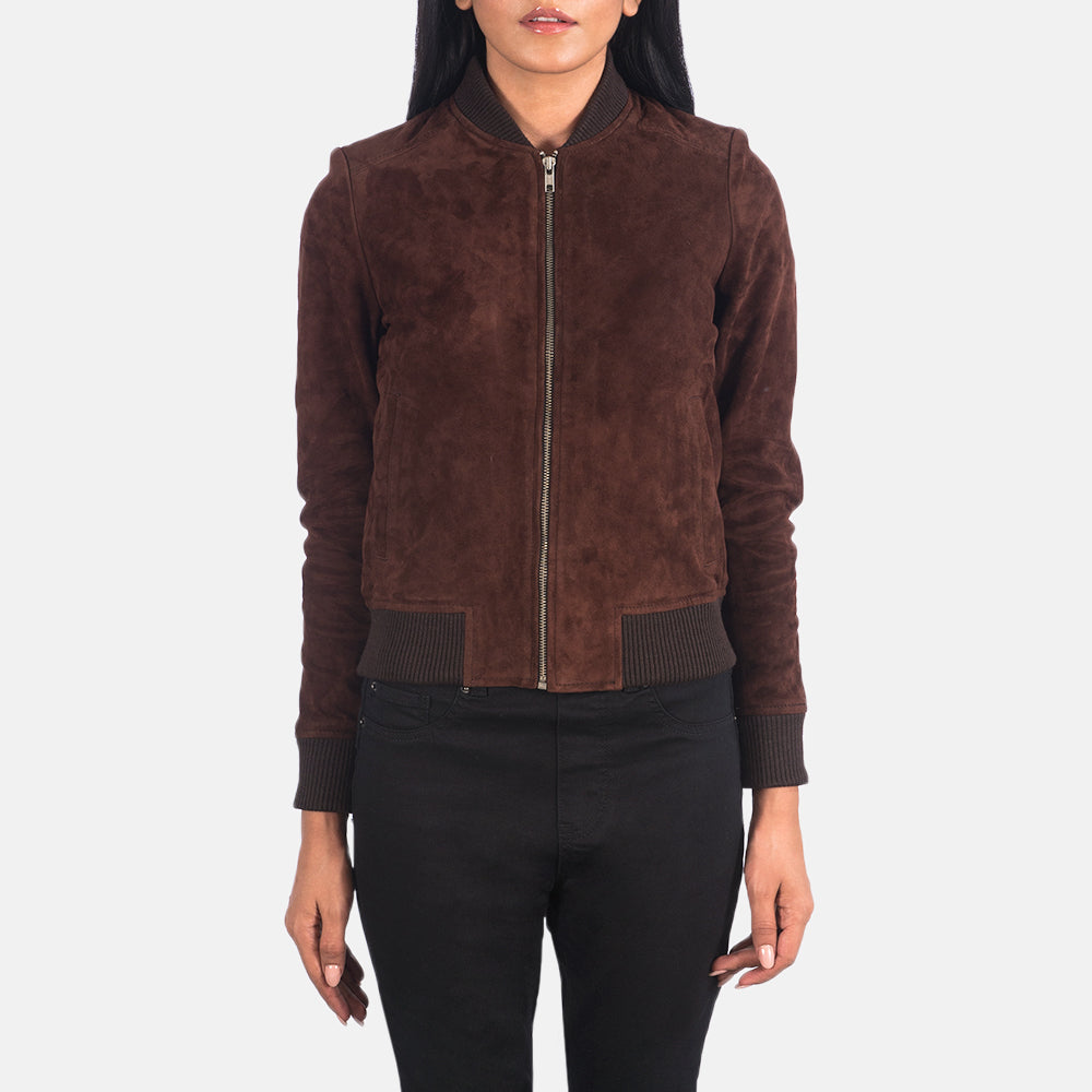 Close-Up Detail of Varsity - Rib Knit &amp; Zipper with Wind Flap Hardware on Women's Bliss Brązowa Suede Skórzana Kurtka Bomberka Damska