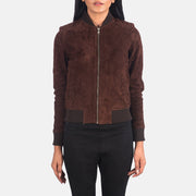 Close-Up Detail of Varsity - Rib Knit &amp; Zipper with Wind Flap Hardware on Women's Bliss Brązowa Suede Skórzana Kurtka Bomberka Damska