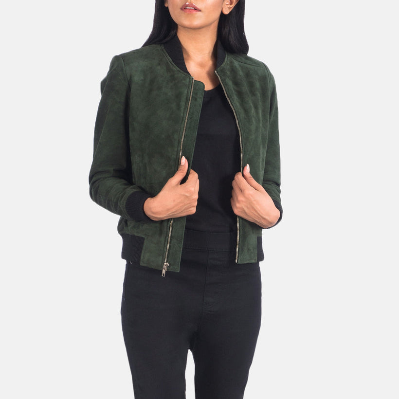 Bliss Green Suede Skórzana Kurtka Bomberka Damska