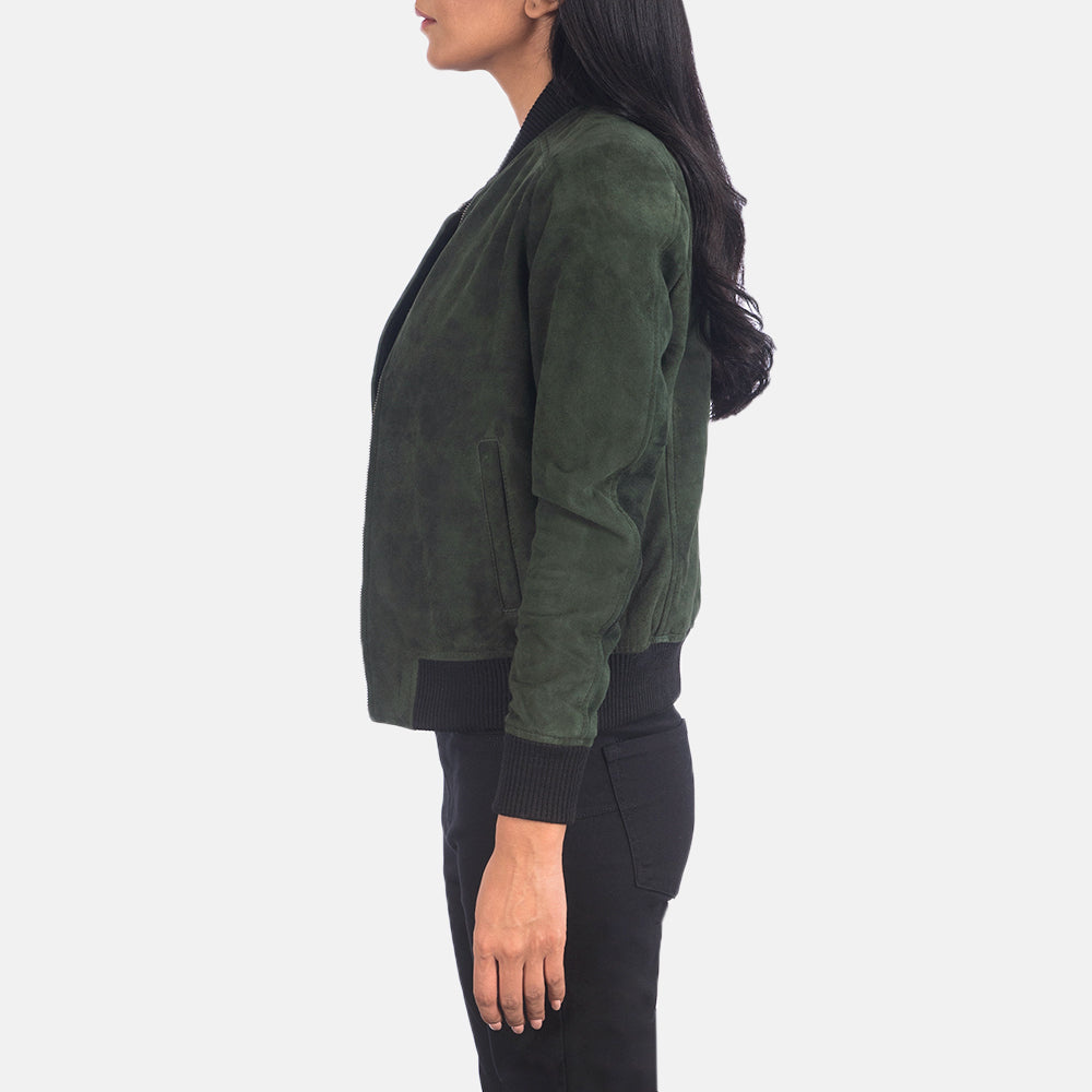 
Green Goatskin Suede Bomber Jacket - Widok z tyłu z dopasowanymi ramionami i czystym dołem