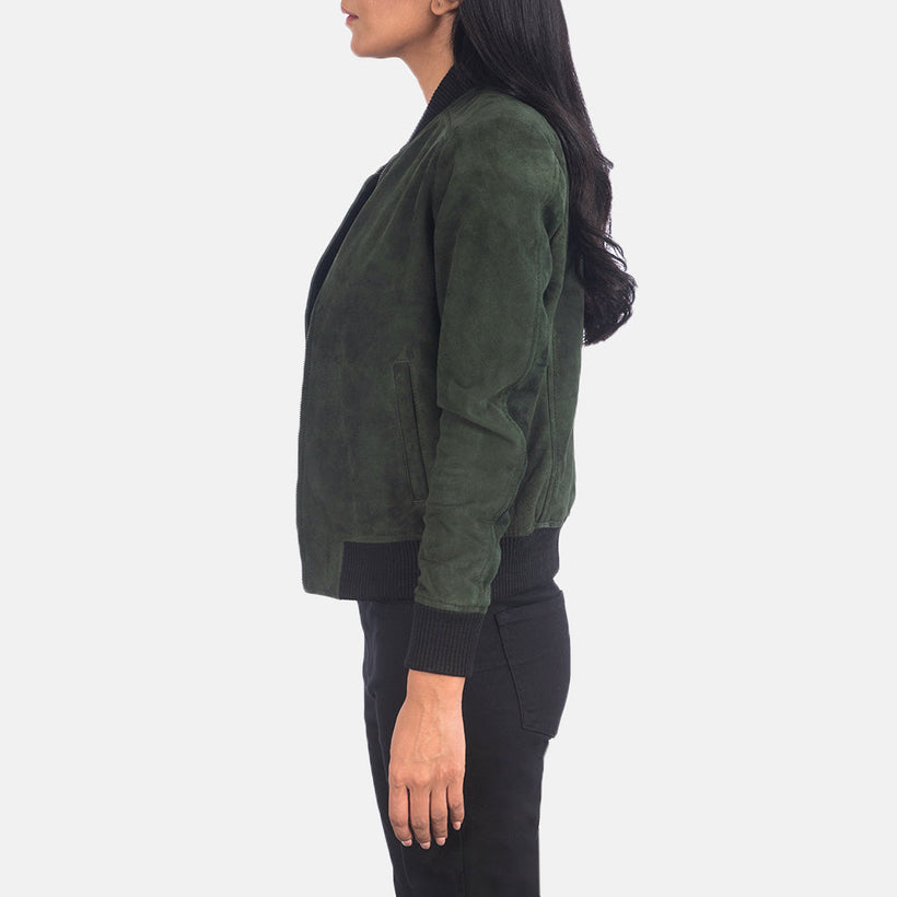 Bliss Green Suede Skórzana Kurtka Bomberka Damska