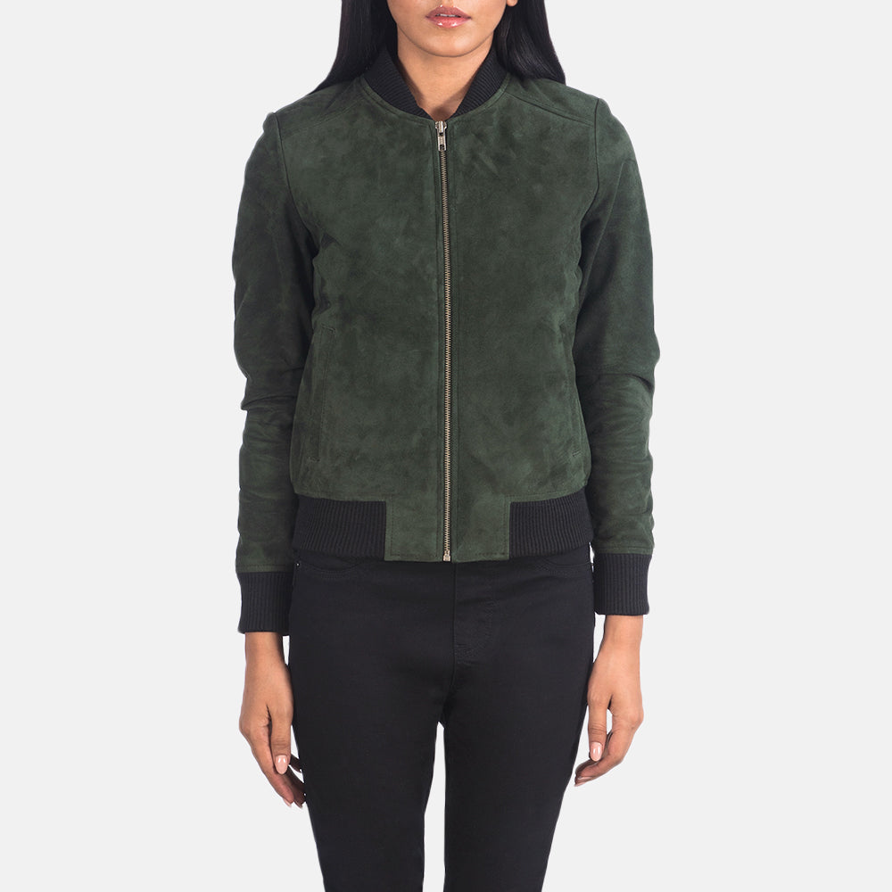 
Szczegółowe zbliżenie of Varsity - Rib Knit & Zipper with Wind Flap Hardware on Bliss Oliwkowy Suede Skórzana Kurtka Bomberka Damska
