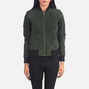 
Szczegółowe zbliżenie of Varsity - Rib Knit & Zipper with Wind Flap Hardware on Bliss Oliwkowy Suede Skórzana Kurtka Bomberka Damska