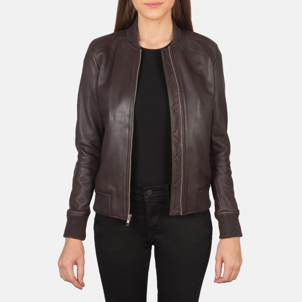 Women's Bliss Maroon Skórzana Kurtka Bomberka Damska in Maroon Sheepskin Leather - Front Profile View &amp; Tailored Silhouette | Buy Online