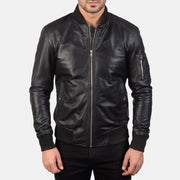 
Szczegółowe zbliżenie of Rib Knit & Zipper Hardware on Bomia Ma-1 Black Leather Bomber Jacket