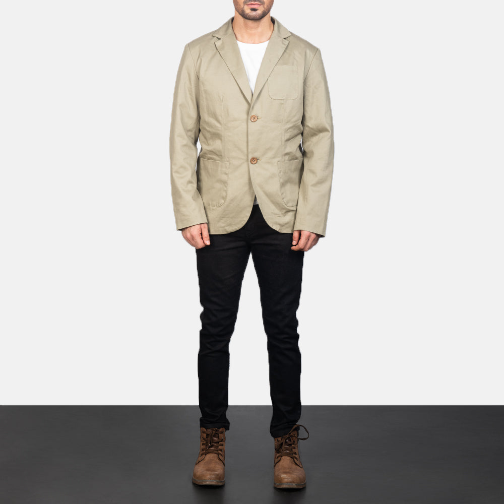 Borges Beige Skórzana Marynarka Męska - Lateral Side Profile View Showing Sleeve Cut &amp; Athletic Taper Fit