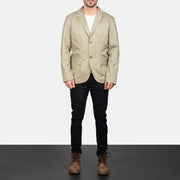 Borges Beige Skórzana Marynarka Męska - Lateral Side Profile View Showing Sleeve Cut &amp; Athletic Taper Fit