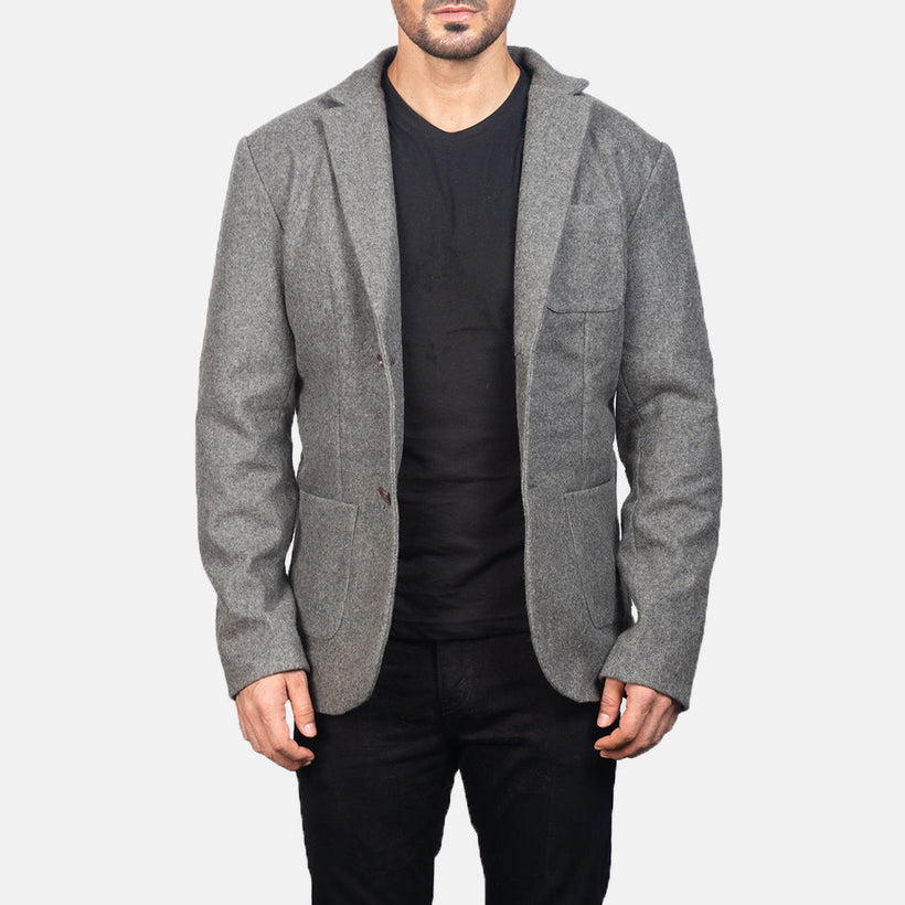 Borges Grey Wool Skórzana Marynarka Męska