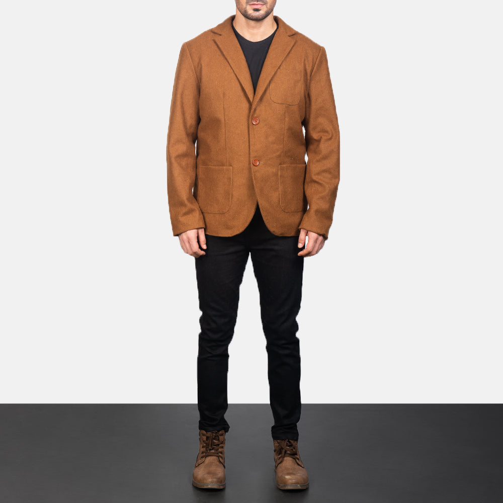 
Khaki Wool Blazer - Widok z boku z ergonomicznym krojem rękawa