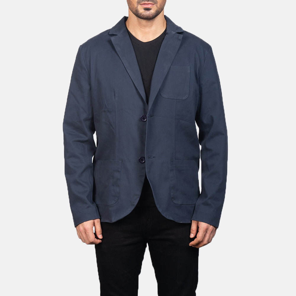 Borges Navy Blue Skórzana Marynarka Męska in Navy Blue Poly-Cotton - Front Profile View &amp; Tailored Silhouette | Buy Online