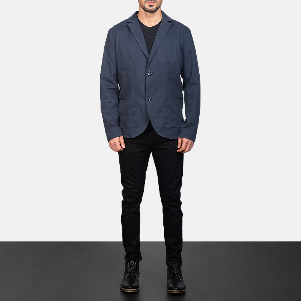 Borges Navy Blue Skórzana Marynarka Męska - Lateral Side Profile View Showing Sleeve Cut &amp; Athletic Taper Fit