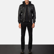 
Szczegółowe zbliżenie of Band & Zipper Hardware on Bouncer Biz Black Leather Hooded Bomber Jacket